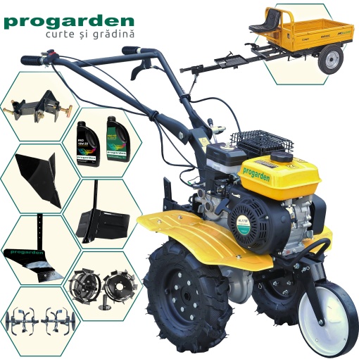 Motocultor ProGARDEN Pachet Campo 703 7CP + Remorca RM500C + Plug simplu + 2xPlug bilonat/rarita + Adaptor + 2 Roti metalice 350x6 + 2L Ulei