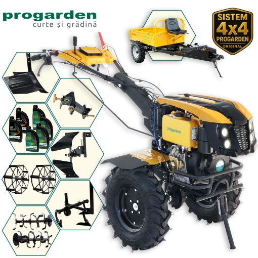 ProGARDEN Pachet Campo 1273 Alpine V2, Motocultor 12CP + PRS20-45 Prasitoare + Remorca RM500T+ Plug bilonat/rarita + Plug reversibil + Adaptor + 2 Roti metalice 540x170 + 6 L ulei