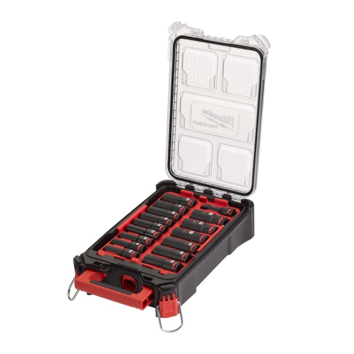Set 17 piese Milwaukee organizator PACKOUT™ cu chei tubulare ½″ lungi SHOCKWAVE™ IMPACT DUTY 10-75mm