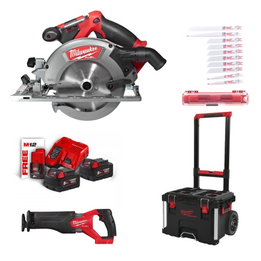 Set fierastrau circular M18 CCS55 + fierastrau sabie M18 FSZ + troller Packout + set 2 baterii + incarcator + accesorii