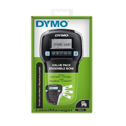 Start kit DYMO LabelManager 160 aparat etichetat cu 3 x Banda originala DYMO D1 D1 12mm x 7m negru alb