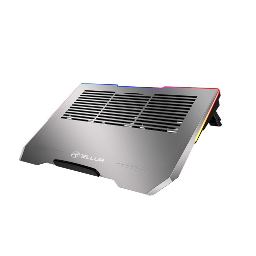 Cooler laptop Tellur Shade, 17", 3 ventilatoare, RGB LED, USB, USB-C, aluminiu, Gri