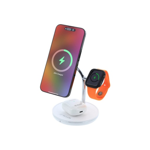 Încărcător wireless birou Tellur, 3-in-1, certificat MagSafe 15W, Watch 2.5W, TWS 5W, alb