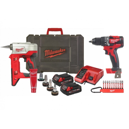 Pachet dispozitiv pentru expandarea sistemelor Uponor™ Q&E M18™ HD18 PXP-H06202C, cap inclus 16/20/25/32 mm, 6 bari, , 2 baterii, incarcator, valiza + masina de gaurit 60 Nm + set 10 biti