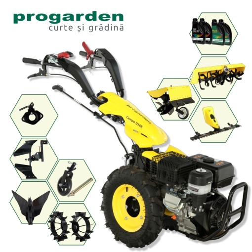 ProGARDEN Pachet Campo U16E Motocultor 14CP + BC120M Bara cosire + 3xPlug + FT90 Freza tractata + 2xRoti metalice RM47 + 1xCupla + 4L Ulei