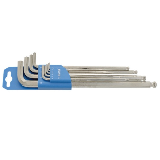 Set de 9 chei locas hexagonal lungi cu cap sferic in suport de plastic Unior 1,5-10 mm
