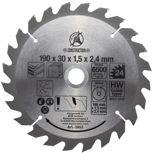 Disc placat BGS pentru circular, 190 x 30 mm, 24 dinti