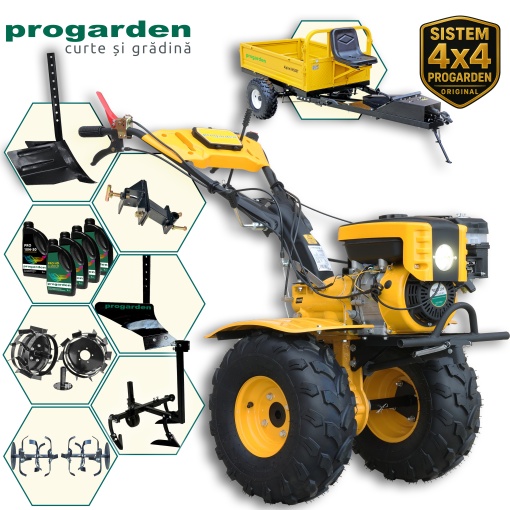 Motocultor ProGARDEN Pachet Campo 873 Alpine 7CP + Prasitoare PRS20-45 + Remorca RM500T + Plug simplu + Plug bilonat/rarita + Adaptor reglabil + 2 Roti metalice 350x6 + 5L Ulei