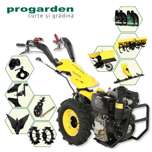 Motocultor ProGARDEN Pachet Campo U12E 12CP + BC120M Bara cosire + 3xPlug + FT90 Freza tractata + 2xRoti metalice RM47 + 2xCuple + 4L Ulei
