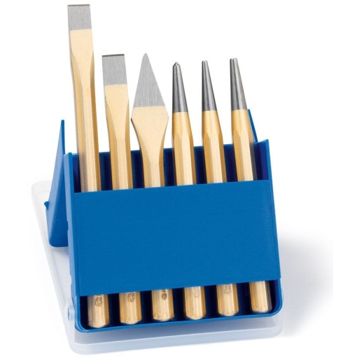 Set cu scule de lovire Rennsteig, dălți, punctatoare, în cutie de plastic, 6 piese