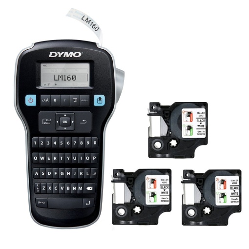 Start kit DYMO LabelManager 160 aparat etichetat cu 3 x Banda originala DYMO D1 12mm x 7m negru alb S0946320 S0720530