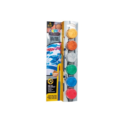 Acuarele tempera Carioca Metalic 6 culori x 25 ml + pensulă pe blister