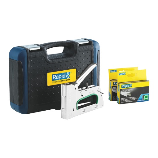 Capsator tacker Rapid PRO R34E kit, ajustare forta capsare in 3 trepte, capse 140 6-14 mm, include capse 140 8 (2000buc cutie) si capse 140 10 (2000buc cutie), 5 ani garantie, fabricat in Suedia 50013