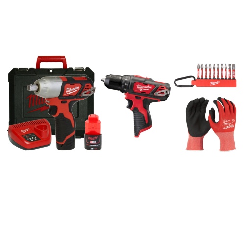 Kit Cheie de impact 1/2", BIW12-202C, 12V + Masina de gaurit 12V, 2 baterii, incarcator, geanta, accesorii