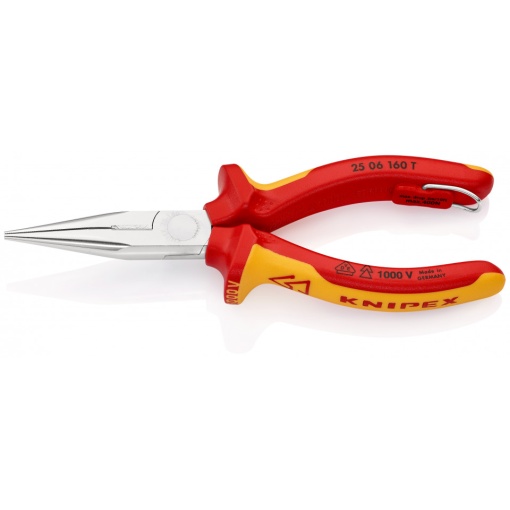 KNIPEX 25 06 160 T Clește plat-rotund cu tăiș (patent cu cioc drept) izolat cu manșoane-multicomponent, verificat de VDE, cu cârlig de fixare integrat, izolat, pentru montarea unei siguranțe împotriva căderii cromat 160 mm