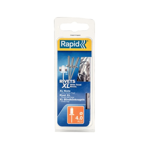 Nituri cu cap larg Rapid diametru 4.0mm x 10mm, aluminiu, burghiu metal HSS inclus, 50 buc set 5000660