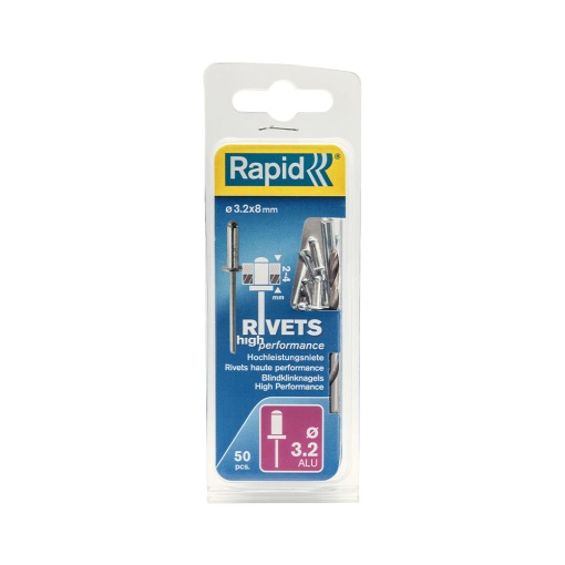Nituri Rapid High Performance diametru 3.2mm x 8mm, aluminiu, burghiu metal HSS inclus, 50 buc set 5000383