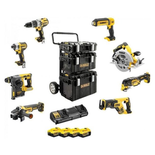 Set 8 scule cu acumulator Li-Ion 18 V Dewalt DCK853P4, 4 acumulatori XR 18V/5.0Ah, incarcator dublu, valize profesionale