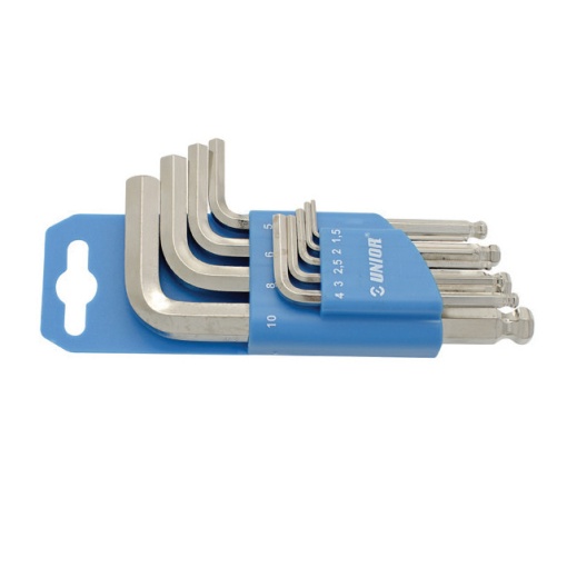 Set de 9 chei locas hexagonal scurte, cu cap sferic, in suport de plastic Unior 1,5-10 mm