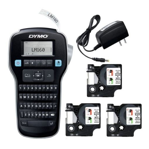 Start kit DYMO LabelManager 160 aparat etichetat cu 3 x Banda originala DYMO D1 12mm x 7m negru alb si 1 x Adaptor la retea S0946320 S0720530