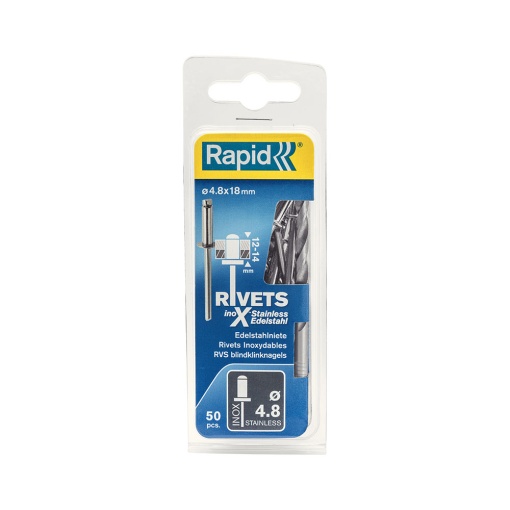 Nituri Rapid otel inoxidabil diametru 4.8mm x 18mm, burghiu metal HSS inclus, 50buc set, 5000397