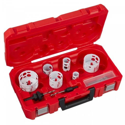 Set 10 buc carote MILWAUKEE HOLE DOZER″ [ 6 x carote: ⌀ 25, 32, 40, 54, 68, 76 mm. Tijă de prindere pentru ⌀ 14 - 30 mm (49567010). Tijă de prindere pentru ⌀ 32 - 152 mm (49569100). 2 x burghie de centrare. Cheie imbus ⅛″ ]
