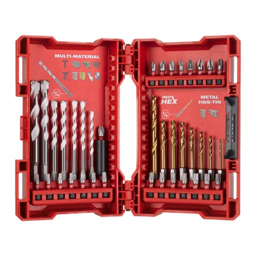 Set 39 piese burghie multi material si Milwaukee Red Hex Metal