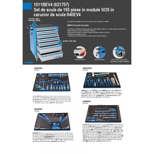 1011BEV4 Set de scule de 193 piese in module SOS in carucior de scule 940EV4 - 621757