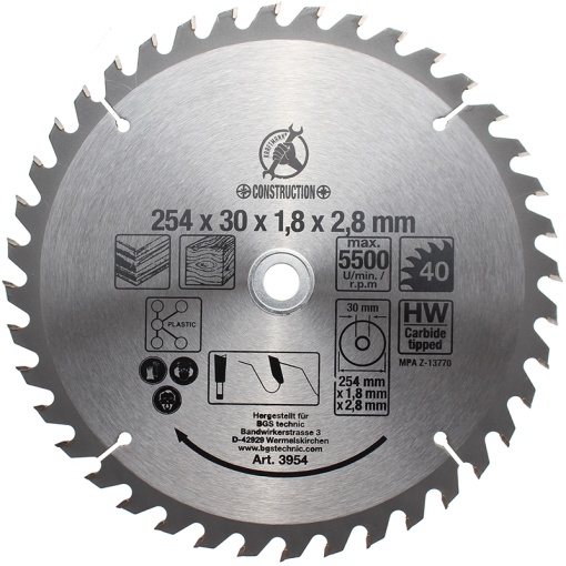 Disc placat BGS pentru circular, 254 x 30 mm, 40 dinti
