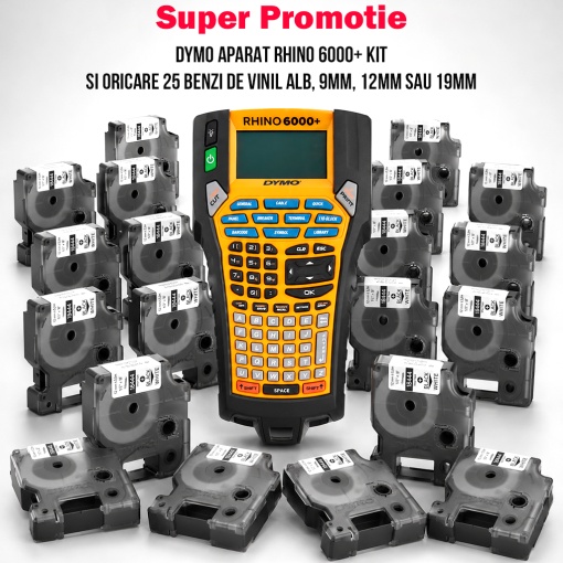 DYMO APARAT RHINO 6000+ KIT SI ORICARE 25 BENZI DE VINIL ALB, 9MM, 12MM SAU 19MM