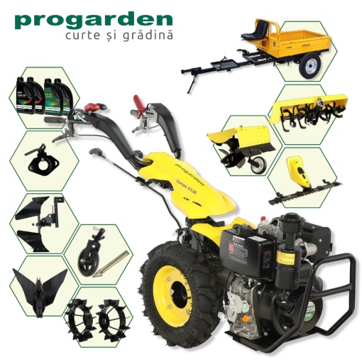 ProGARDEN Pachet Campo U12E Motocultor 12CP + RM500C Remorca 500Kg + BC120M Bara cosire + 3xPlug + FT90 Freza tractata + 2xRoti metalice RM47 + 1xCupla+ 4L Ulei