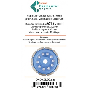 Disc cupa diamantata pentru slefuire Beton/Abrazive 125x22,2mm Standard Profesional - BlueLine - DXDY.BLEC.125 - Img 4