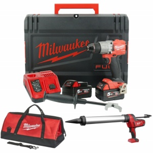 Kit 2 scule Milwaukee - pistol silicon 600 ml, masina de gaurit 135 Nm, 2 acumulatori 5 Ah, incarcator, valize