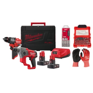 Kit masina de gaurit FPD2-0, 12V + rotopercutor, CH-0, 12V, 2 baterii, incarcator, geanta + accesorii