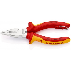 KNIPEX 08 26 145 T Cleşte combinat cu vârf izolat cu manșoane-multicomponent, verificat de VDE, cu cârlig de fixare integrat, izolat, pentru montarea unei siguranțe împotriva căderii cromat 145 mm