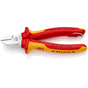 KNIPEX 70 06 160 T Tăietor lateral (șfic) izolat cu manșoane-multicomponent, verificat de VDE, cu cârlig de fixare integrat, izolat, pentru montarea unei siguranțe împotriva căderii cromat 160 mm