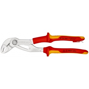 KNIPEX 87 26 250 T Cobra® VDE Clește high tech pentru pompe de apă, izolat izolat cu manșoane-multicomponent, verificat de VDE, cu cârlig de fixare integrat, izolat, pentru montarea unei siguranțe împotriva căderii cromat 250 mm - Img 3