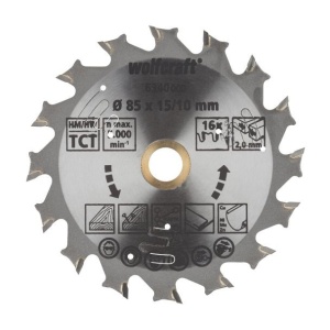 Panza pentru fierastrau circular cu acumulatori Wolfcraft 6340000, diametru 85 mm, diametru interior disc 15, 10 mm, latime taiere 1.5 mm, 16 dinti, seria mov
