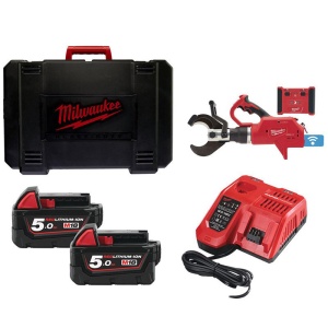 Cutter hidraulic pentru cablu + telecomanda cu acumulator Milwaukee M18 HCC75R-502C, taie cablu Al/Cu ∅ 75 mm, livrat cu acumulatori, valiza