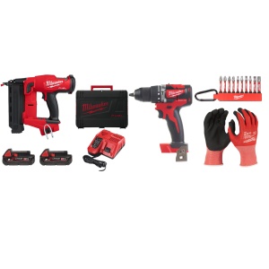 Kit Pistol pentru cuie, FN18GS-202X, 18V + Masina de gaurit 18V, 2 baterii, incarcator, geanta, accesorii