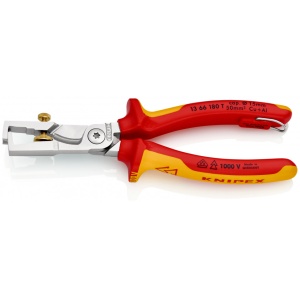 KNIPEX 13 66 180 T StriX® Clește de îndepărtare a izolației cu foarfece de tăiat cabluri izolat cu manșoane-multicomponent, verificat de VDE, cu cârlig de fixare integrat, izolat, pentru montarea unei siguranțe împotriva căderii cromat 180 mm