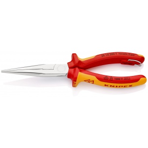 KNIPEX 26 16 200 T Clește plat-rotund cu tăiș (patent cu cioc angular) izolat cu manșoane-multicomponent, verificat de VDE, cu cârlig de fixare integrat, izolat, pentru montarea unei siguranțe împotriva căderii cromat 200 mm