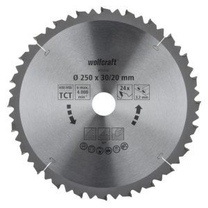 Panza pentru fierastrau circular de masa Wolfcraft 6552000, diametru 250 mm, diametru interior disc 20, 30 mm, latime taiere 3.2 mm, 24 dinti, seria maro.