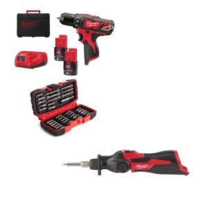 Set masina de gaurit M12 BDD + pistol lipit M12 SI + 2 baterii + incarcator + accesorii