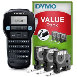 Start kit DYMO LabelManager 160 aparat etichetat cu 3 x Banda originala DYMO D1 12mm x 7m negru alb si 1 x Adaptor la retea S0946320 S0720530 - Img 2