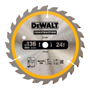 Disc Dewalt DT1947 pentru fierastrau circular, D 136 x 10 x 1.86 mm, 24 dinti, seria Dewalt Construction - Img 1
