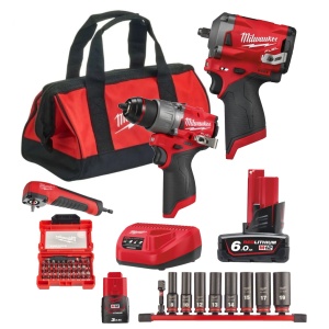 Kit cheie de impact patrat 3/8", cuplu 339 Nm + masina de gaurit si insurubat M12 Fuel Milwaukee, 2 baterii, incarcator, geanta + accesorii