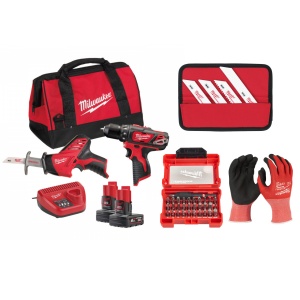 Kit masina de gaurit + fierastrau sabie 12V, 2 baterii, incarcator, geanta + accesorii