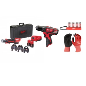 Kit Presa hidraulica, HPT-202C, 12-35mm, 12V + Masina de gaurit 12V, 2 baterii, incarcator, geanta, accesorii