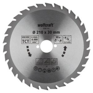 Panza pentru fierastrau circular Wolfcraft 6381000, diametru 210 mm, diametru interior disc 30 mm, latime taiere 2.4 mm, 30 dinti, seria verde.